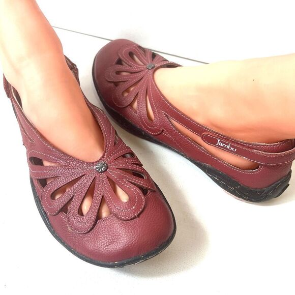 Jambu Adventure Womens 9.5M Red Leather Flats Comfort Casual Floral Slip On Shoe - Picture 3 of 12